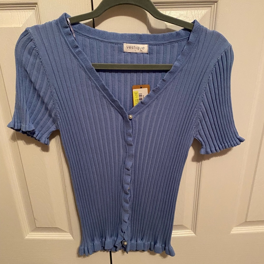 Periwinkle ribbed top with pearl closures down the front from Vestique.